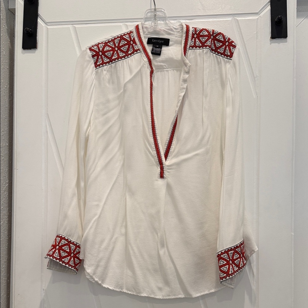 Karen Kane White Blouse with Red Embroidery